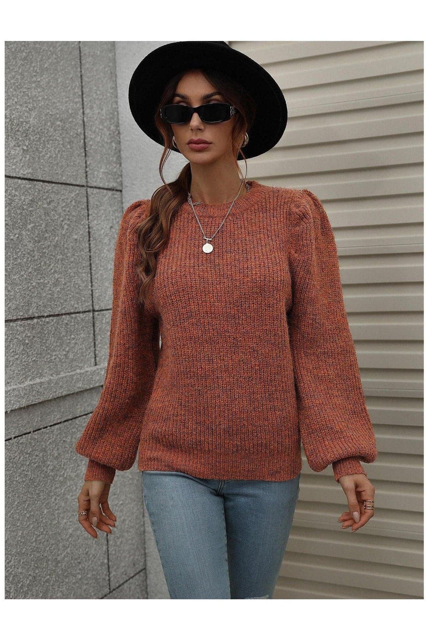 Heathered Long Lantern Sleeve Rib-Knit Sweater - SwagglyLife Home & Fashion