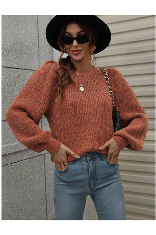 Heathered Long Lantern Sleeve Rib-Knit Sweater - SwagglyLife Home & Fashion