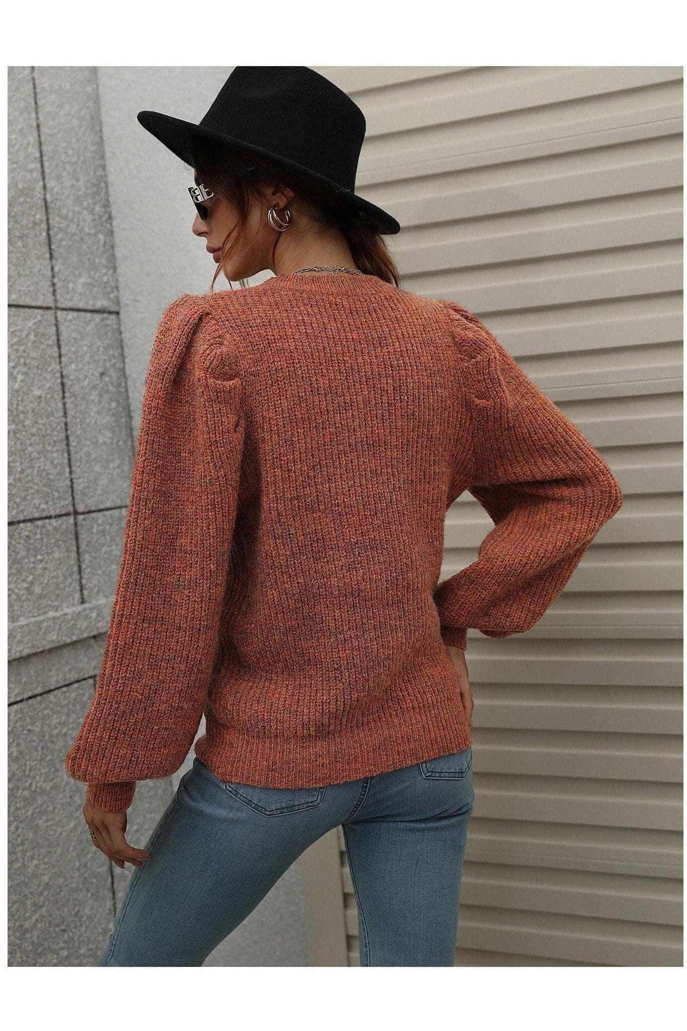 Heathered Long Lantern Sleeve Rib-Knit Sweater - SwagglyLife Home & Fashion