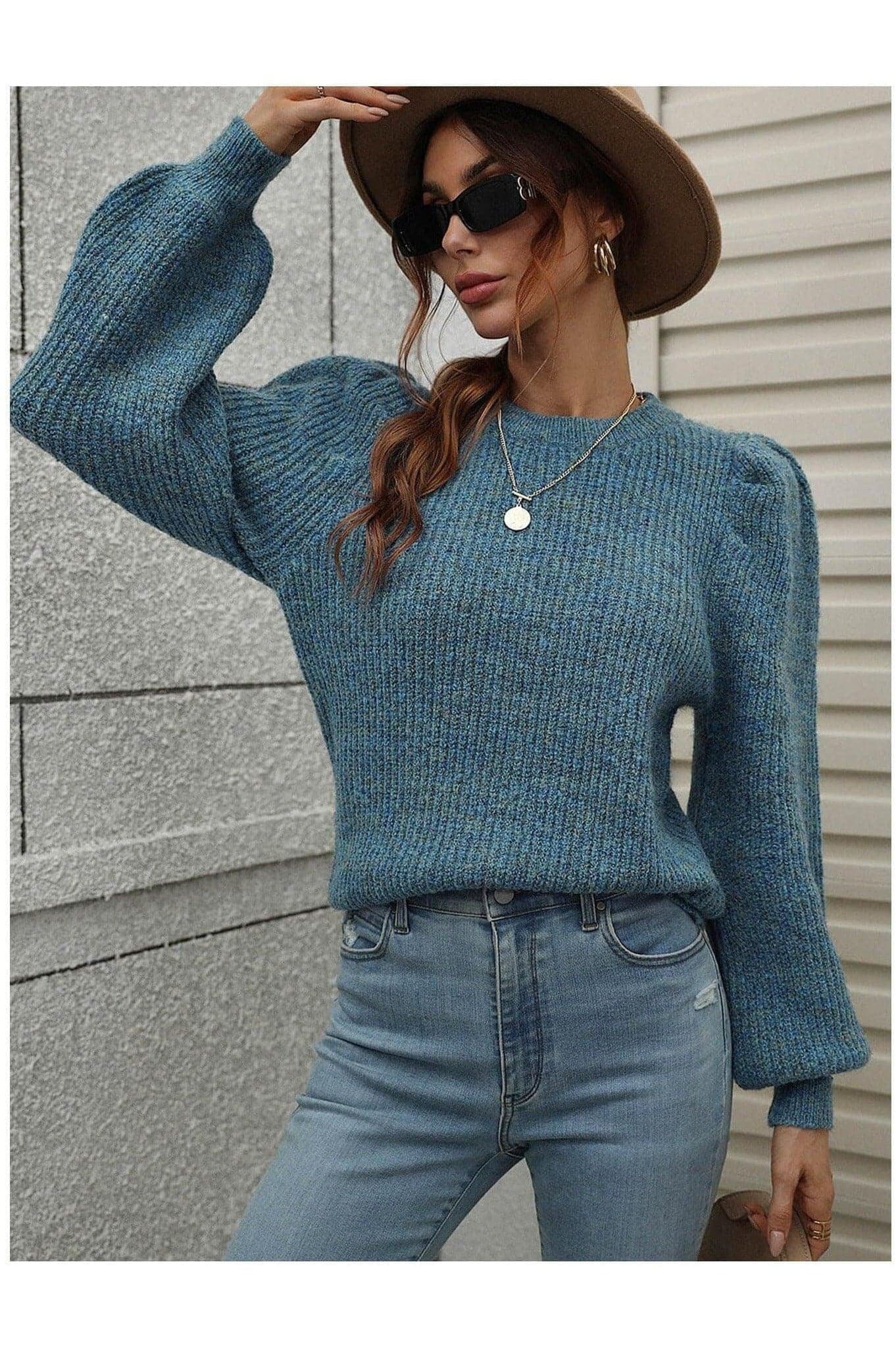 Heathered Long Lantern Sleeve Rib-Knit Sweater - SwagglyLife Home & Fashion