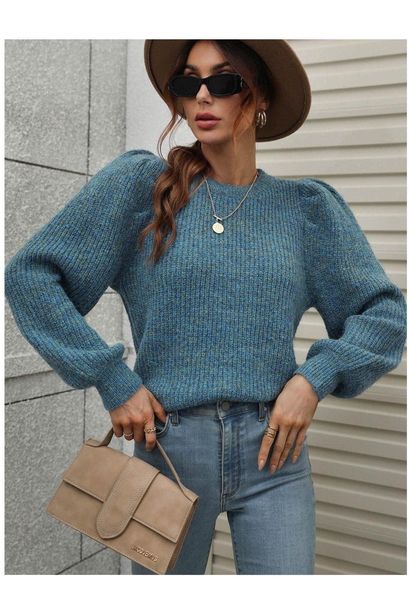 Heathered Long Lantern Sleeve Rib-Knit Sweater - SwagglyLife Home & Fashion