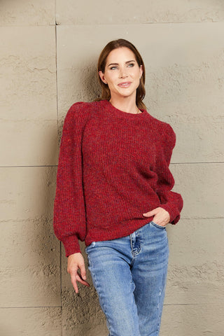 Woven Right Heathered Long Lantern Sleeve Rib-Knit Sweater - SwagglyLife Home & Fashion