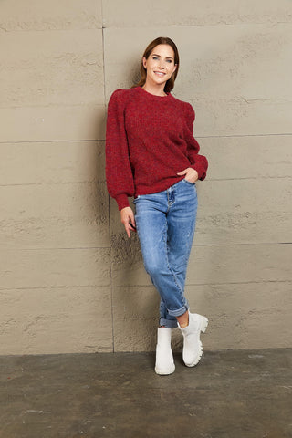 Woven Right Heathered Long Lantern Sleeve Rib-Knit Sweater - SwagglyLife Home & Fashion