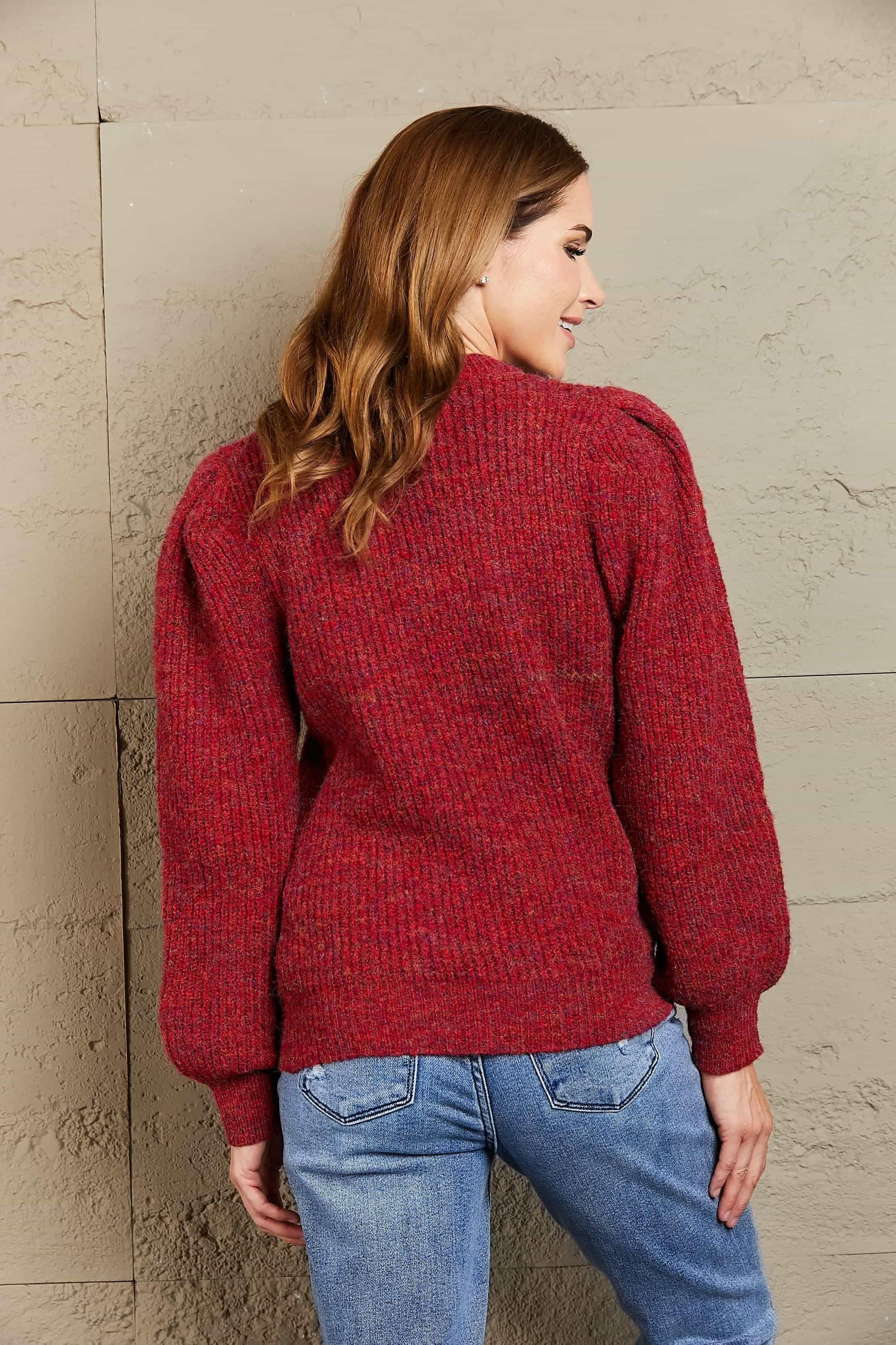 Woven Right Heathered Long Lantern Sleeve Rib-Knit Sweater - SwagglyLife Home & Fashion