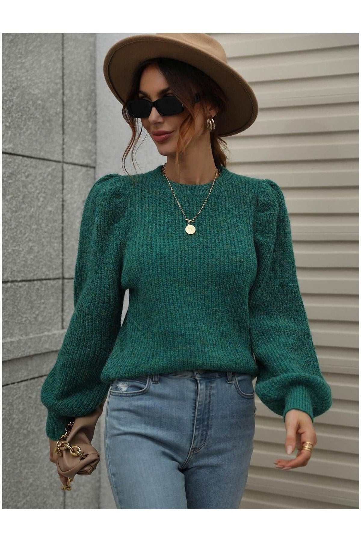 Heathered Long Lantern Sleeve Rib-Knit Sweater - SwagglyLife Home & Fashion