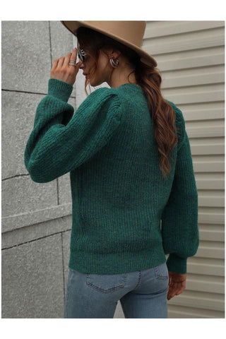 Heathered Long Lantern Sleeve Rib-Knit Sweater - SwagglyLife Home & Fashion