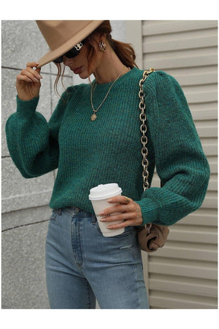 Heathered Long Lantern Sleeve Rib-Knit Sweater - SwagglyLife Home & Fashion