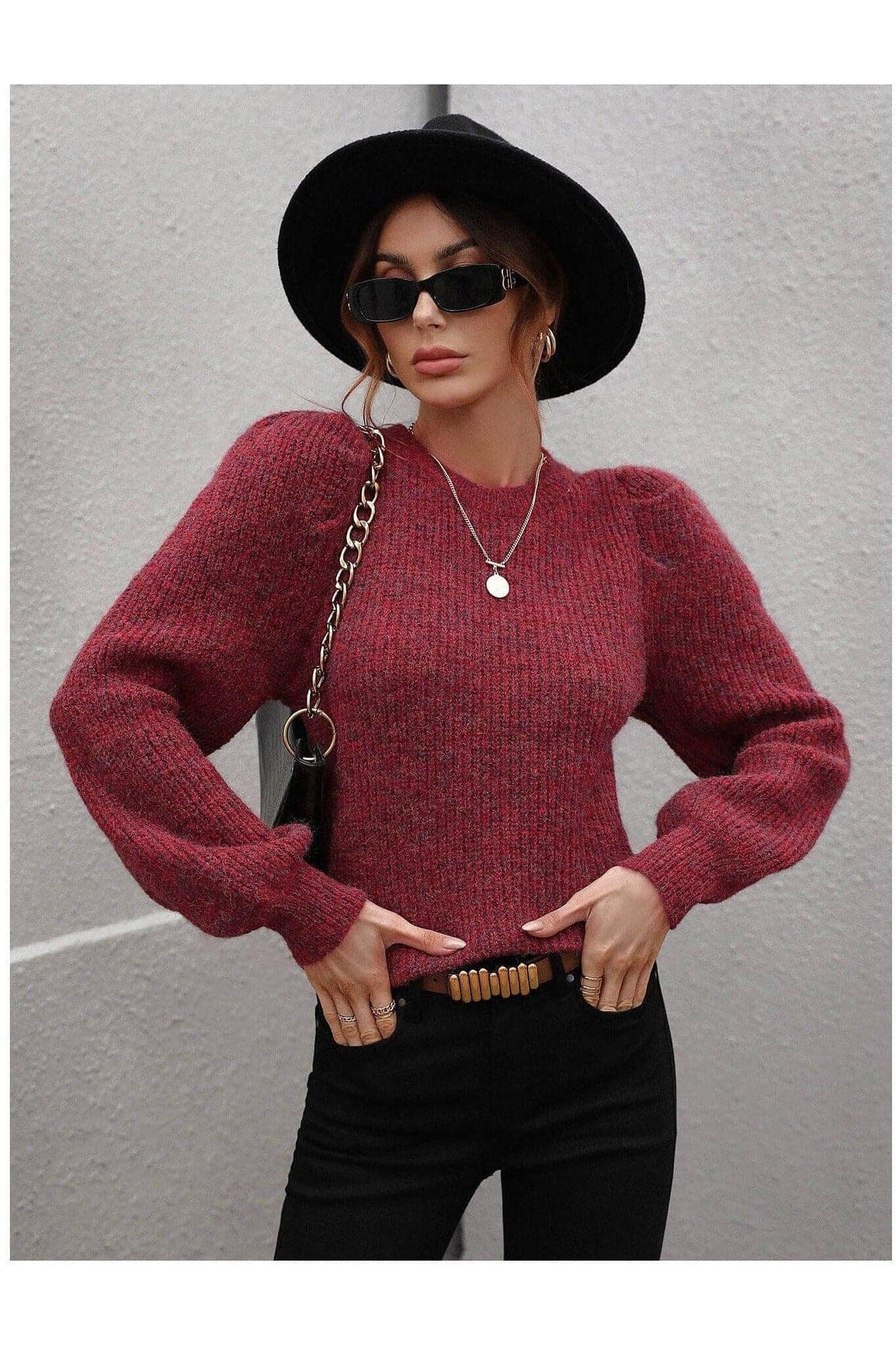 Heathered Long Lantern Sleeve Rib-Knit Sweater - SwagglyLife Home & Fashion