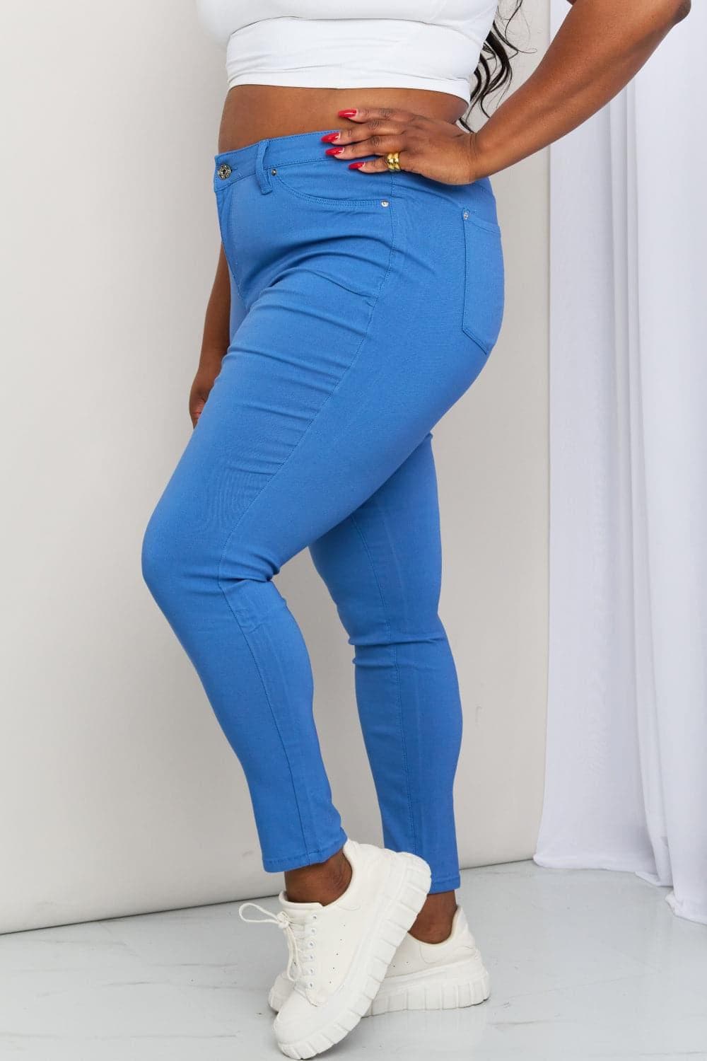 YMI Jeanswear Kate Hyper-Stretch Full Size Mid-Rise Skinny Jeans in Electric Blue - SwagglyLife Home & Fashion