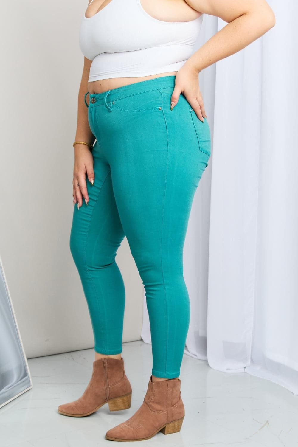 YMI Jeanswear Kate Hyper-Stretch Full Size Mid-Rise Skinny Jeans in Sea Green - SwagglyLife Home & Fashion
