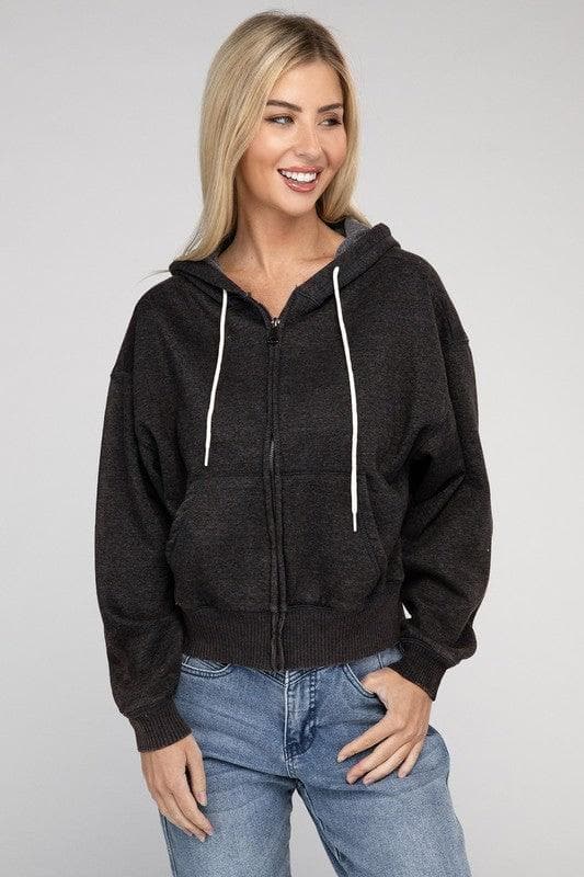 ZENANA Acid Wash Fleece Cropped Zip-Up Hoodie - SwagglyLife Home & Fashion