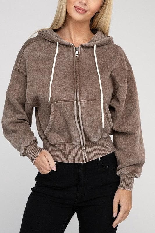 ZENANA Acid Wash Fleece Cropped Zip-Up Hoodie - SwagglyLife Home & Fashion