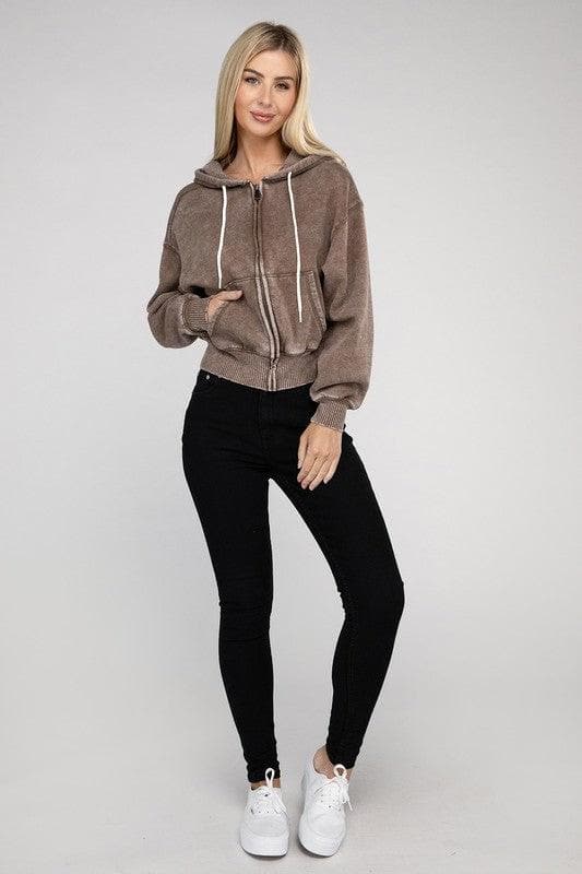 ZENANA Acid Wash Fleece Cropped Zip-Up Hoodie - SwagglyLife Home & Fashion