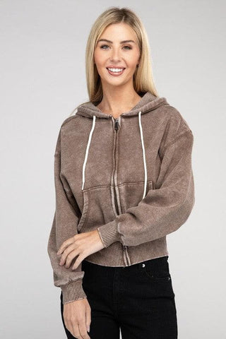 ZENANA Acid Wash Fleece Cropped Zip-Up Hoodie - SwagglyLife Home & Fashion