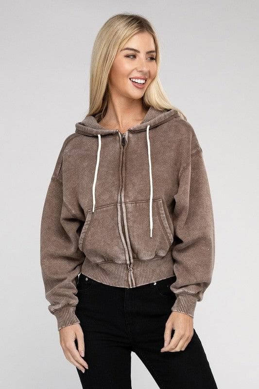 ZENANA Acid Wash Fleece Cropped Zip-Up Hoodie - SwagglyLife Home & Fashion