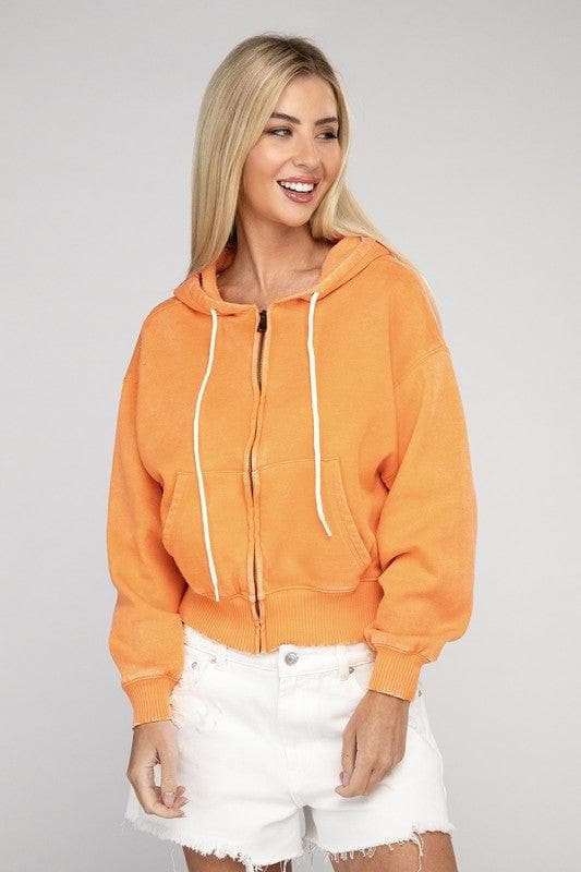 ZENANA Acid Wash Fleece Cropped Zip-Up Hoodie - SwagglyLife Home & Fashion