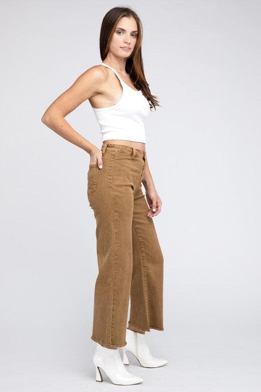 ZENANA Acid Wash Frayed Cutoff Hem Straight Wide Pants - SwagglyLife Home & Fashion