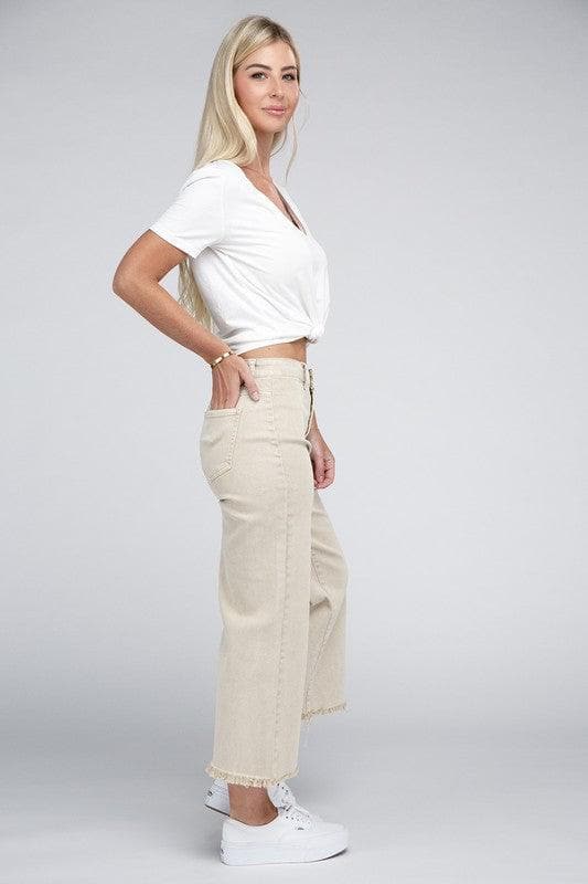 ZENANA Acid Washed High Waist Frayed Hem Straight Pants, 5 Colors - SwagglyLife Home & Fashion