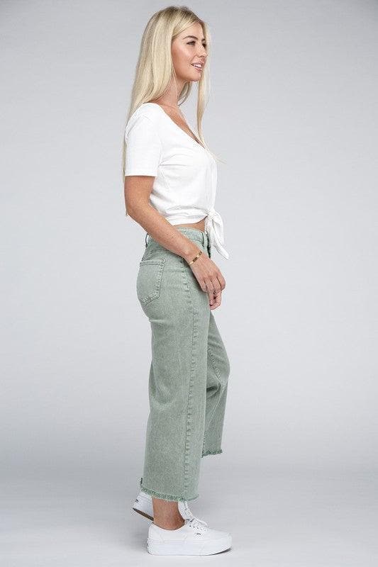 ZENANA Acid Washed High Waist Frayed Hem Straight Pants, 5 Colors - SwagglyLife Home & Fashion