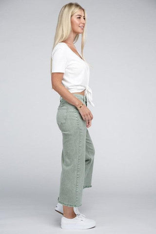 ZENANA Acid Washed High Waist Frayed Hem Straight Pants, 5 Colors - SwagglyLife Home & Fashion