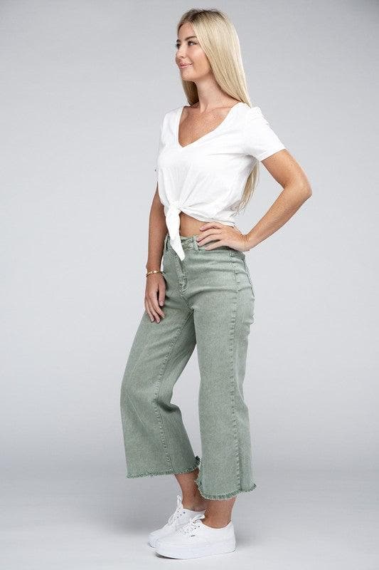 ZENANA Acid Washed High Waist Frayed Hem Straight Pants, 5 Colors - SwagglyLife Home & Fashion