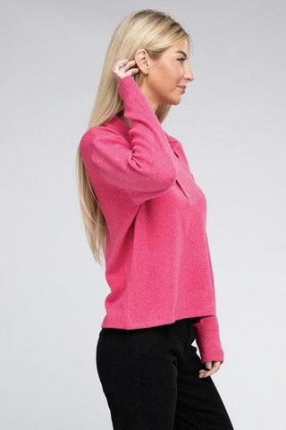 ZENANA Brushed Melange Hacci Collared Sweater - SwagglyLife Home & Fashion