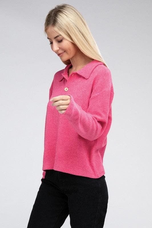 ZENANA Brushed Melange Hacci Collared Sweater - SwagglyLife Home & Fashion