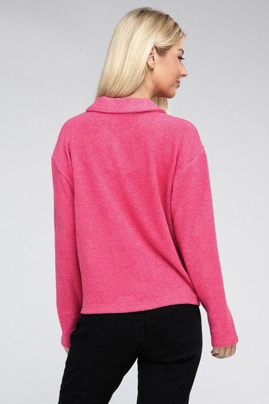 ZENANA Brushed Melange Hacci Collared Sweater - SwagglyLife Home & Fashion