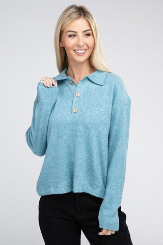 ZENANA Brushed Melange Hacci Collared Sweater - SwagglyLife Home & Fashion