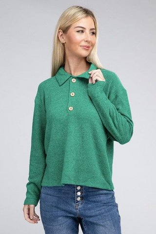 ZENANA Brushed Melange Hacci Collared Sweater - SwagglyLife Home & Fashion