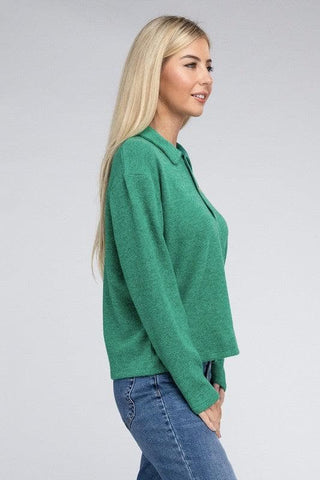 ZENANA Brushed Melange Hacci Collared Sweater - SwagglyLife Home & Fashion