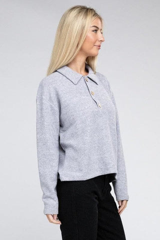 ZENANA Brushed Melange Hacci Collared Sweater - SwagglyLife Home & Fashion