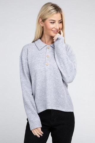 ZENANA Brushed Melange Hacci Collared Sweater - SwagglyLife Home & Fashion