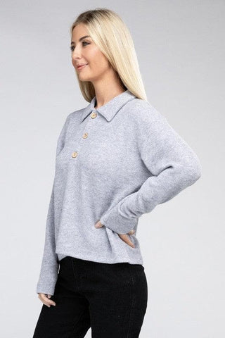 ZENANA Brushed Melange Hacci Collared Sweater - SwagglyLife Home & Fashion