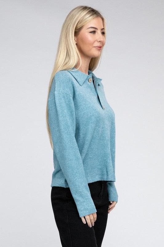 ZENANA Brushed Melange Hacci Collared Sweater - SwagglyLife Home & Fashion