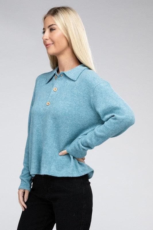 ZENANA Brushed Melange Hacci Collared Sweater - SwagglyLife Home & Fashion