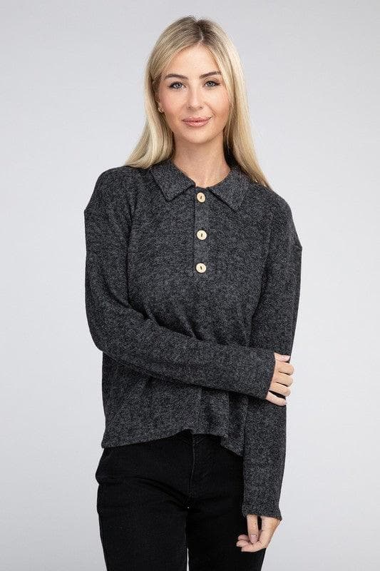 ZENANA Brushed Melange Hacci Collared Sweater - SwagglyLife Home & Fashion