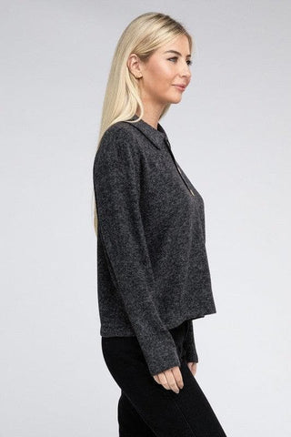 ZENANA Brushed Melange Hacci Collared Sweater - SwagglyLife Home & Fashion