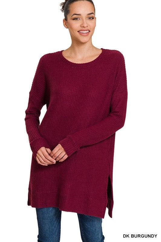 ZENANA Brushed Thermal Waffle Round Neck Sweater - SwagglyLife Home & Fashion