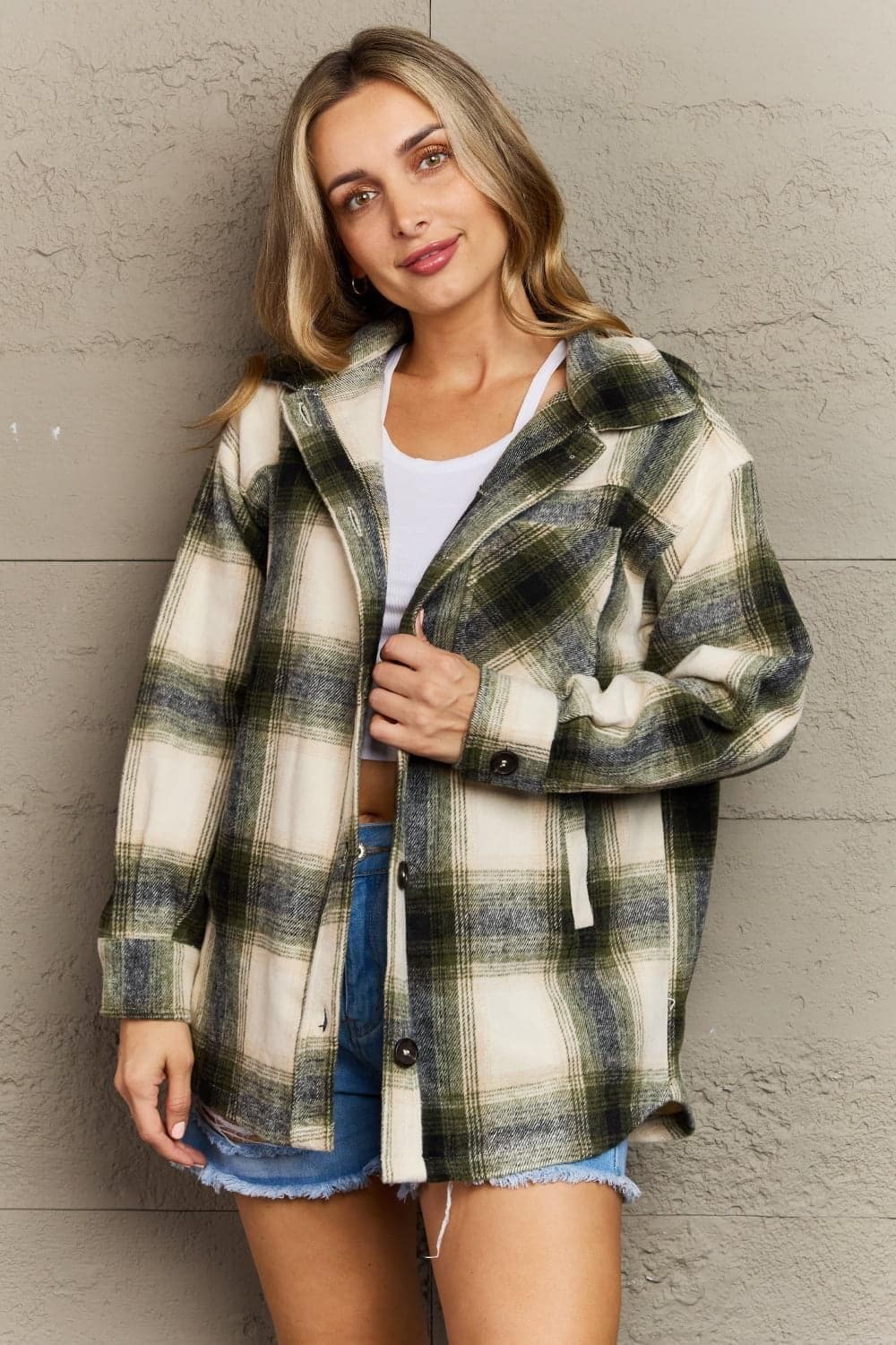 Zenana By The Fireplace Oversized Plaid Shacket in Olive - SwagglyLife Home & Fashion