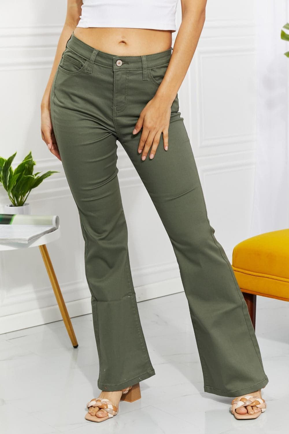 Zenana Clementine Full Size High-Rise Bootcut Jeans in Olive - SwagglyLife Home & Fashion