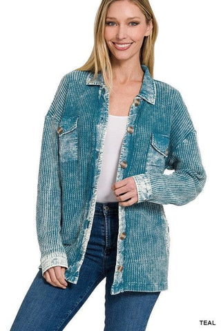 ZENANA Cotton Waffle Acid Wash Shacket - SwagglyLife Home & Fashion