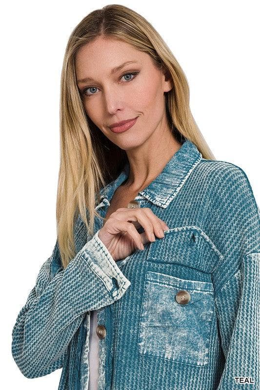 ZENANA Cotton Waffle Acid Wash Shacket - SwagglyLife Home & Fashion