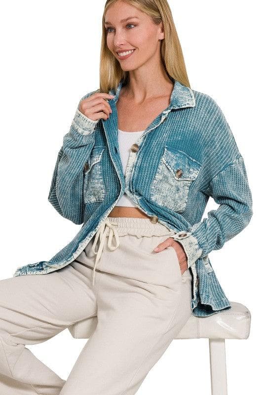 ZENANA Cotton Waffle Acid Wash Shacket - SwagglyLife Home & Fashion