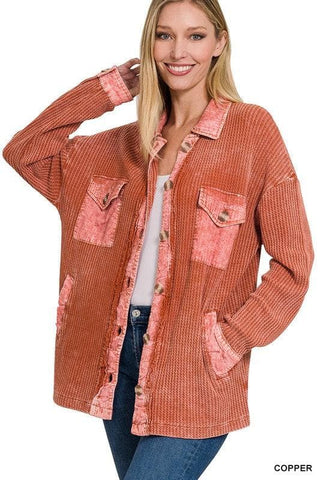 ZENANA Cotton Waffle Acid Wash Shacket - SwagglyLife Home & Fashion