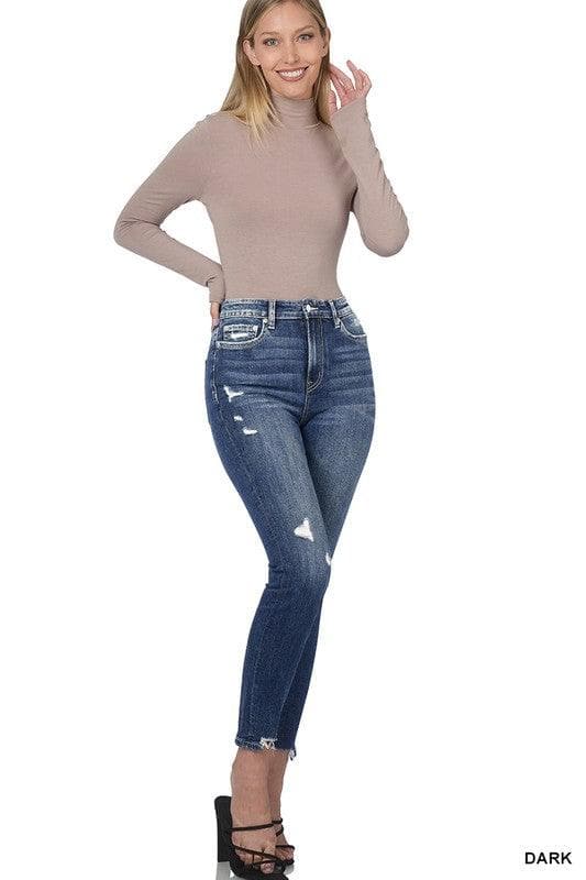 ZENANA Distressed Hem Ankle Skinny Denim Pants - SwagglyLife Home & Fashion