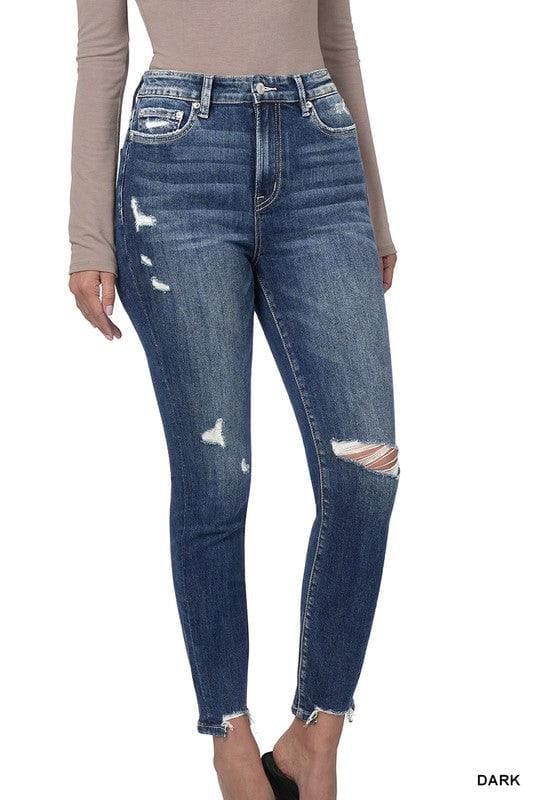 ZENANA Distressed Hem Ankle Skinny Denim Pants - SwagglyLife Home & Fashion