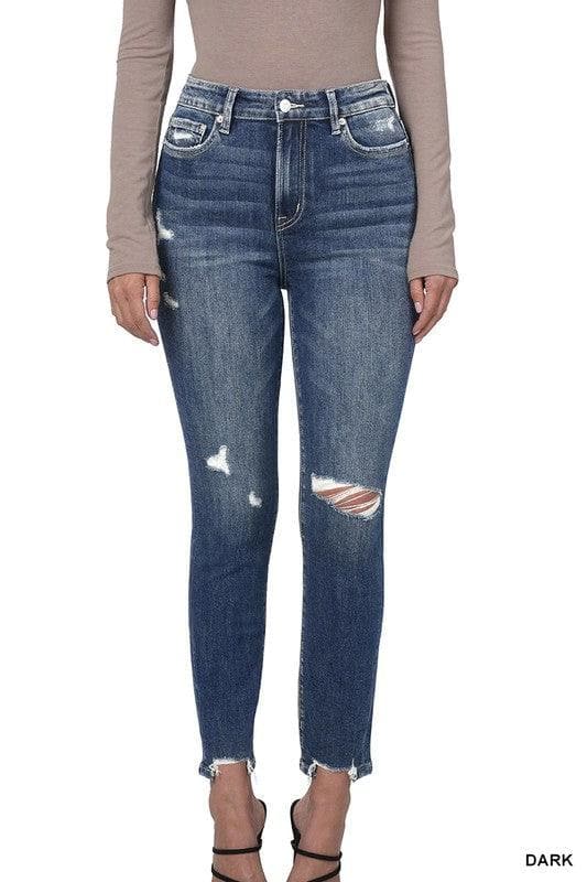 ZENANA Distressed Hem Ankle Skinny Denim Pants - SwagglyLife Home & Fashion