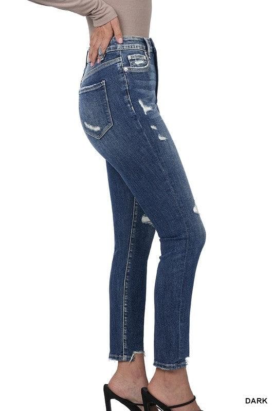 ZENANA Distressed Hem Ankle Skinny Denim Pants - SwagglyLife Home & Fashion