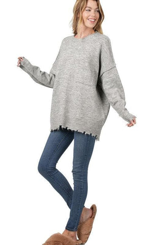 ZENANA Distressed Melange Oversized Sweater - SwagglyLife Home & Fashion